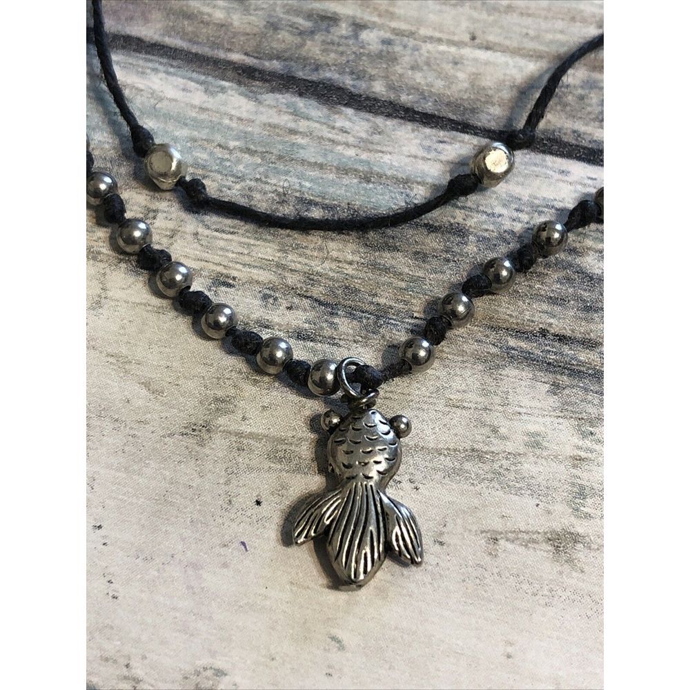 Mermaid Tail Anklet Black‎ Cord Double Strand Silver Tone Bracelet 10.5"